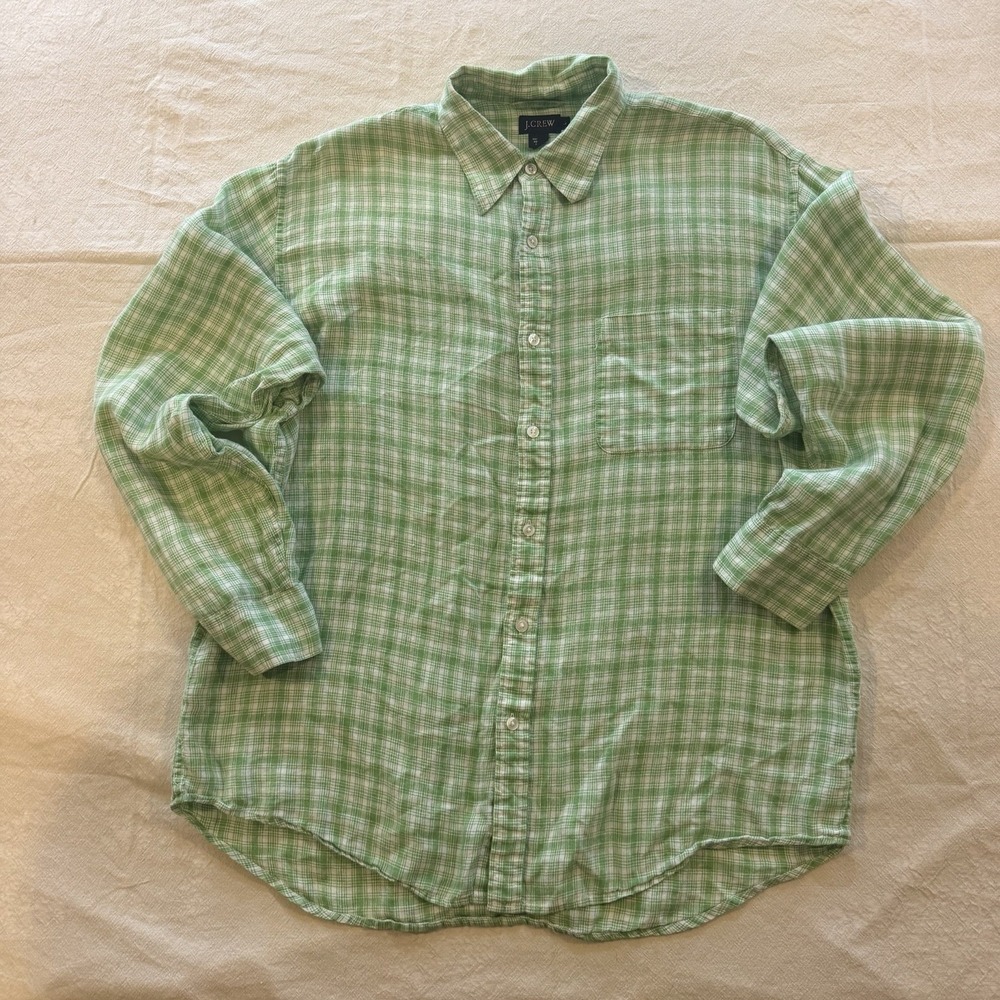 J Crew 100% Linen Shirt Mens XL Green Plaid Beach Coastal Summer Button Up